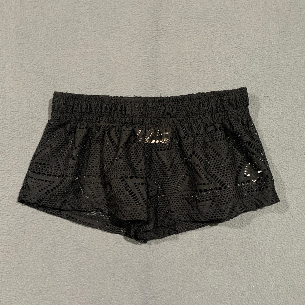 Lagaci Women Small Black Crochet Lace Sheer Geo Festival Beach Micro Shorts
